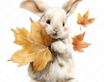 Autumn Bunny Clipart Bundle | 15 PNG Watercolor Bunny Clipart, Cute Fall Bunny PNG, Commercial Use