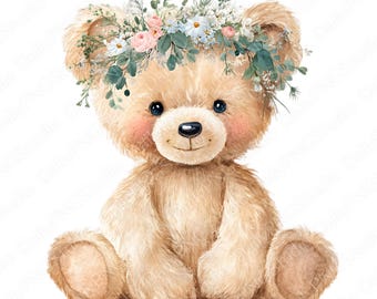 Pacchetto di clipart di orsetti di peluche con coroncine di fiori / 22 PNG Orsetti di peluche ad acquerello PNG, clipart di orsetti floreali carini, illustrazioni per camerette, uso commerciale