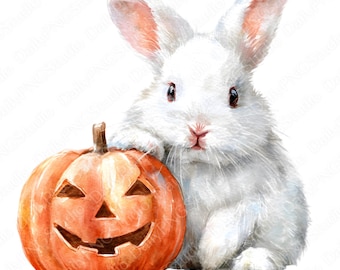 Jack O'Lantern Bunny-clipartbundel | 30 png-aquarel konijntje png, schattige halloween konijn clipart, pompoen konijn illustratie, commercieel gebruik