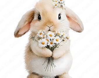 Daisy Bunny-clipart | 21 png-bundel, konijn aquarel png, schattig konijn clipart, madeliefje bloem konijntje, commercieel gebruik