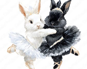 Pacchetto di clipart di coniglietti del Lago dei Cigni / 16 PNG Coniglietti da balletto ad acquerello PNG, Simpatiche clipart di coniglietti principessa cigno, Uso commerciale