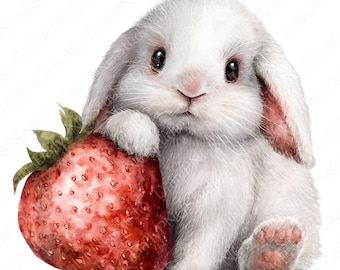 Clipartbundel aardbei konijn | 20 png-aquarel konijntje png, schattig konijn met aardbeien, zoete bessen dierlijke clipart, commercieel gebruik