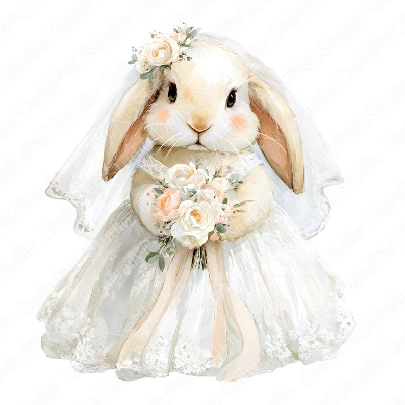 May include: A watercolor illustration of a cream-colored rabbit wearing a white lace wedding dress and a matching veil adorned with flowers. The rabbit holds a bouquet of white and peach roses with long ribbons, featuring soft pink cheeks.