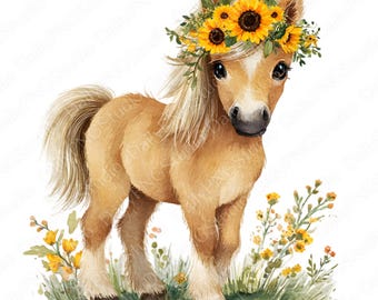 Zonnebloempony clipartbundel | 23 png-waterverfpony png, schattige babypony met zonnebloem, bloemenpaardillustratie, commercieel gebruik