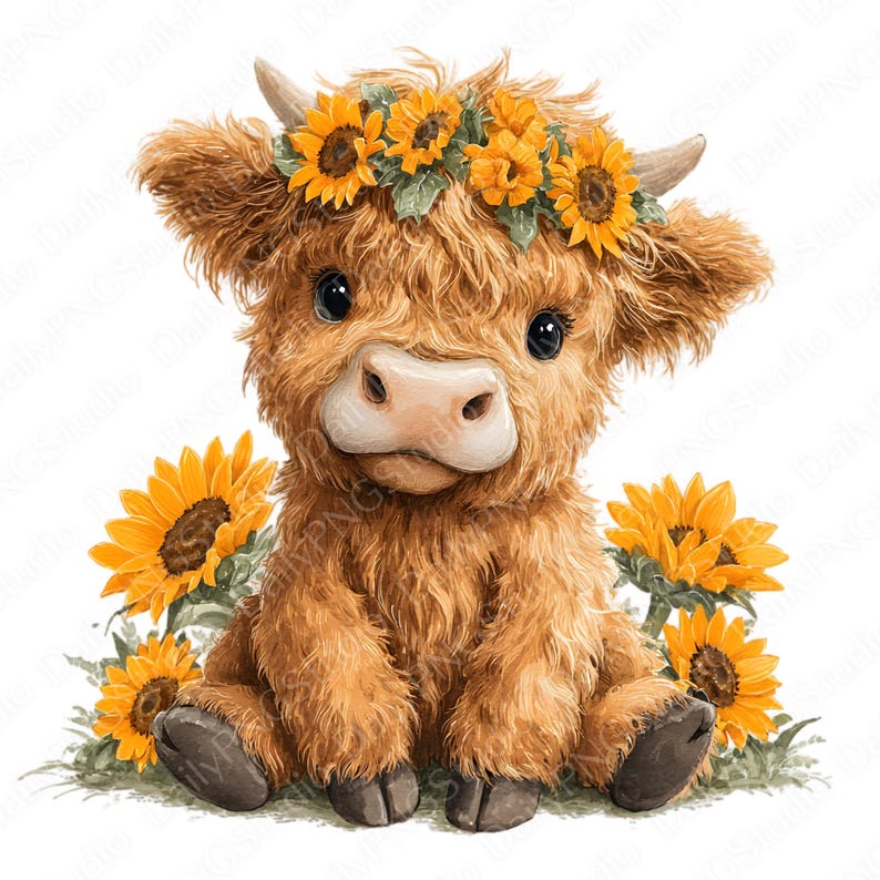 Sunflower Highland Cow Clipart Set | 16 PNG Bundle, Cute Baby Highland ...