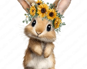 Zonnebloemkonijn clipartbundel | 25 png-aquarel konijntje png, schattig konijn met zonnebloem clipart, zomerbloemen dierenillustratie