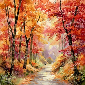Puede incluir: Una pintura de acuarela que representa un sendero forestal en otoño. Árboles altos con follaje vibrante en tonos rojos, naranjas y amarillos bordean ambos lados de un camino estrecho. El suelo está cubierto de hojas caídas y la luz crea una atmósfera suave.