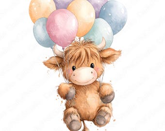 Pacchetto di clipart di mucche delle Highlands fluttuanti su palloncini / 10 PNG Mucche delle Highlands ad acquerello PNG, Simpatiche clipart di mucche volanti, Illustrazione per la cameretta dei bambini