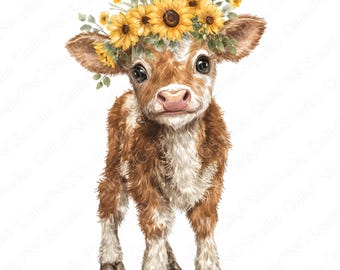 Zonnebloem koe clipartbundel | 30 png-waterverfkoe, png-bestand, schattige babykoe met zonnebloem, illustratie boerderijdieren, commercieel gebruik