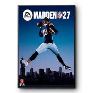 May include: A vertical poster featuring a football player in a dark blue jersey with the number 18, throwing a football against a blue sky and city skyline. The text EA SPORTS MADDEN 27 and the NFL logo are visible at the top, with NFLPA at the bottom.