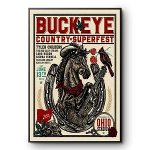 May include: A concert poster for Buckeye Country Superfest on 13th June 2026 at Ohio Stadium. It features a horse wearing a cowboy hat and red bandana, holding an acoustic guitar, framed by a horseshoe, a cardinal, and text listing the performers.