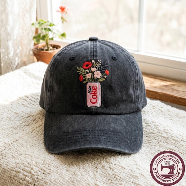 Embroidered Washed Cotton Cap: Diet Coke Floral Design, DietCoke Can