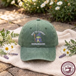 Embroidered Off to Commit Shenanigans Wizard Frog Funny DnD Cap, Ren Faire Fantasy Gift