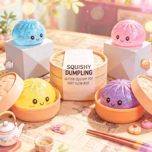 Juguete antiestrés Bao Bun brillante con diseño de mini cesta de vaporera. Set de squishies de dumplings coloridos Kawaii para juego sensorial y ansiedad.