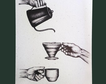 Lámina "Trío de Café Pour Over" / Arte de Café con Tres Manos / Arte de Pared para Cocina con Café en Blanco y Negro