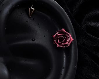 Dark Red Rose Stud Earrings, Gothic Floral Jewelry, Romantic Punk Style