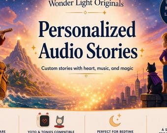 Historia de audio personalizada para niños, MP3 de historias personalizadas, compatible con Yoto y Tonie.