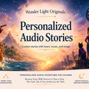 Può includere: Annuncio illustrato per "Storie Audio Personalizzate" con una nave pirata, un paesaggio urbano e una ragazza con un mantello. Il testo include "Storie personalizzate con cuore, musica e magia" e "Avventure audio personalizzate per bambini."