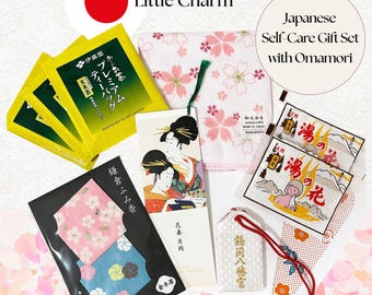 Set de regalo japonés, caja de autocuidado con amuleto Omamori, polvos de baño, té, incienso y pañuelo.
