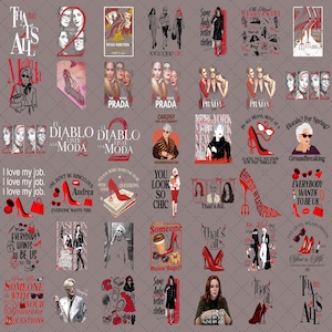 May include: A collage of fashion-related graphics, including illustrations of high heels, portraits, and text such as "The Devil Wears Prada." The designs use a colour scheme of red, black, and white, with various fonts and styles.