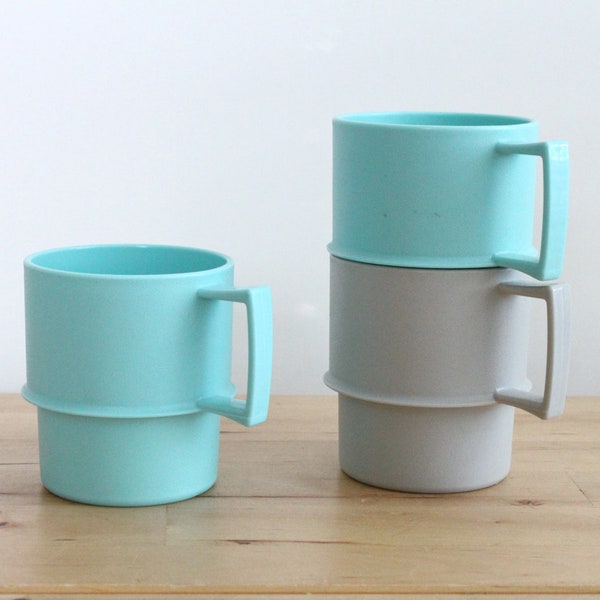 Tupperware Stackable Mugs in Winter Colors - Warm Beverage Cups in Turquoise and Gray (Set of 3)