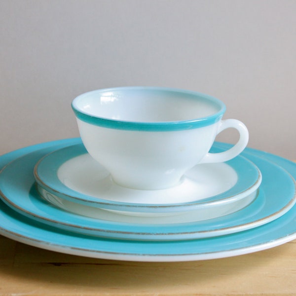 Turquoise Pyrex Dishes - Vintage 1950s Milkglass Plate, Saucer, Teacup Dinnerware Place Setting