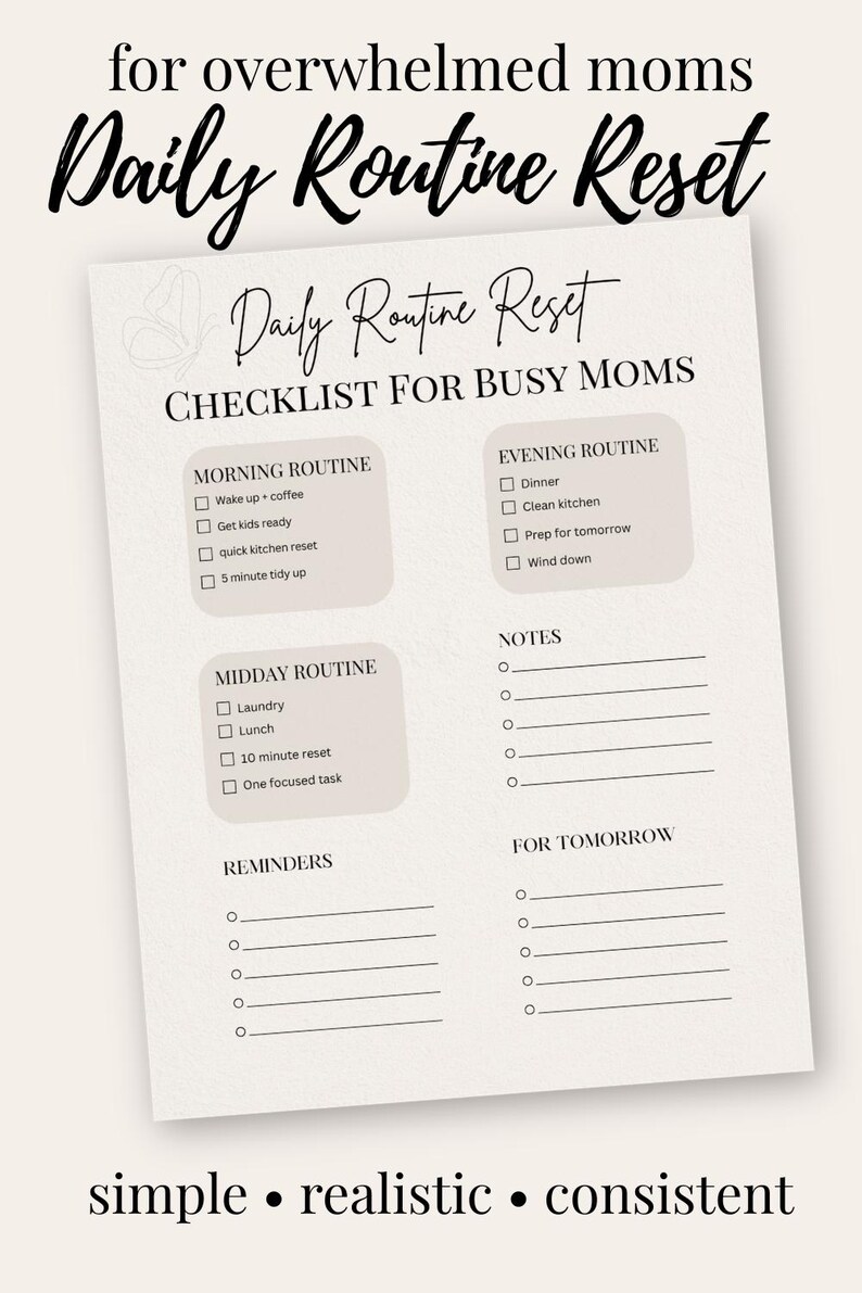 Daily Routine Checklist for Busy Moms | Realistic Reset Planner (PDF ...