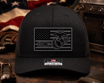 Richardson 112 Leather Patch Hat, Trucker Hat, USMC American Flag Hat, Patriotic Snapback, Military Inspired Gift for Dad, Outdoor Work Hat
