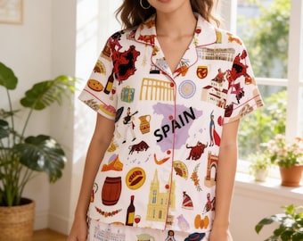 Spain Pajama Set for Women, Spanish Travel Print Pajamas, Cute Summer Button Up PJs, Vacation Lounge Sleepwear Gift.