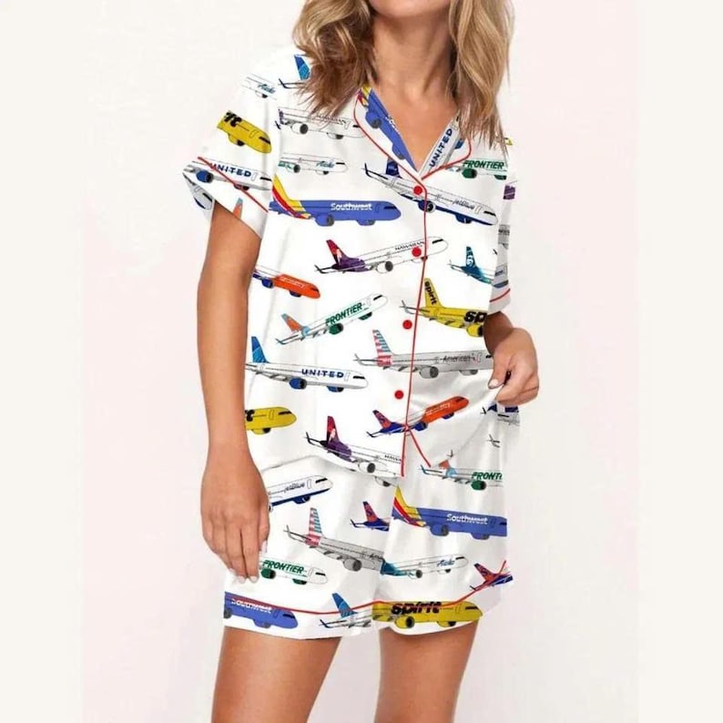 Airplane Pattern Pajama Set, Eco-friendly Women's Sleepwear, Aviation ...