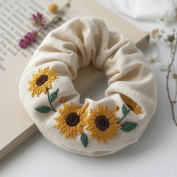 Handmade Linen Embroidered Scrunchie – Floral Hair Tie, Boho Hair Accessory, Unique Gift for Her, Vintage Style Hair Scrunchy