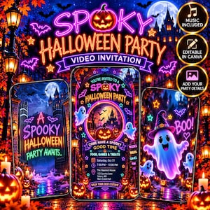 May include: A digital Halloween party video invitation template featuring neon-style text reading SPOOKY HALLOWEEN PARTY, a glowing jack-o'-lantern, ghosts, and a haunted castle background. Includes circular icons for music, editing, and details.