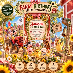Könnte beinhalten: Eine digitale Geburtstagseinladung im Bauernhof-Design mit rotem Traktor, Tieren, Sonnenblumen und dem Text Jackson is turning two, Saturday Aug 23, 2:00 PM, 123 Farmhouse Lane, Austin, TX 78701.