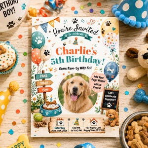 May include: A rectangular birthday invitation card featuring a golden retriever photo, colorful balloons, paw prints, and text reading You're Invited, Charlie's 5th Birthday, Come Paw-ty With Us, Cake, Treats, Fun, Add Your Dog's Photo, and Let's Celebrate Together.