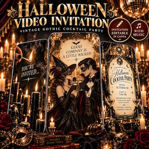 以下が含まれることがあります： ヴィンテージゴシックカクテルパーティー用のハロウィーンビデオ招待状テンプレート。3台のスマートフォン画面に、エレガントでダークなグラフィックと「You're Invited」、「Good Company Is A Little Wicked」、10月30日にセーラムのThe Midnight Clubで開催されるイベントの詳細などのテキストが表示されています。