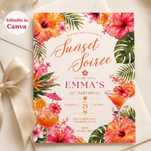 21st Birthday Invitation Template, Tropical Sunset Party Invite, Editable Canva Hibiscus Cocktail Birthday Invitation