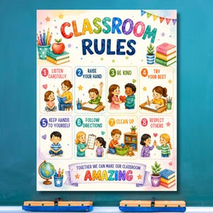 Classroom Rules Poster, Colorful Elementary Teacher Decor, Printable Behavior Chart, Back to School Wall Art