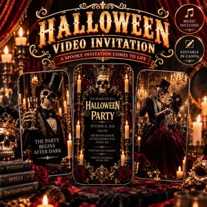 以下が含まれることがあります： ハロウィンのデジタルビデオ招待状テンプレート。フォーマルな服装の骸骨、赤いバラ、キャンドルが描かれた3つのスマートフォン画面。テキストには、Halloween Video Invitation, A Spooky Invitation Comes To Life, You're Invited To A Halloween Party, October 31, 2026, 7:00 PM, The Raven Manor, 123 Enchanted Way, Salem, MA, Costumes Encouraged, RSVP By October 20, 123-456-7890, Music Included, Editable In Canvaが含まれています。