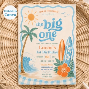 Plantilla de invitación de primer cumpleaños con temática de surf, invitación de cumpleaños "El Gran Uno", invitación editable en Canva para fiesta de cumpleaños de niño con olas de playa