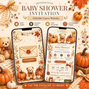 以下が含まれることがあります： Canva用のインタラクティブなデジタルベビーシャワー招待状テンプレート。テディベア、カボチャ、秋の葉をあしらった秋のデザインです。開封用封筒、カウントダウンタイマー、RSVP、Googleマップ、ギフトレジストリのアイコンが含まれています。