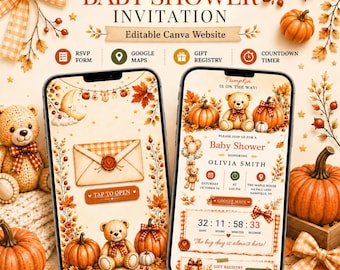 May include: An interactive digital baby shower invitation template for Canva featuring a fall theme with teddy bears, pumpkins, and autumn leaves. The design includes an envelope to tap, a countdown timer, and icons for RSVP, Google Maps, and gift registry.