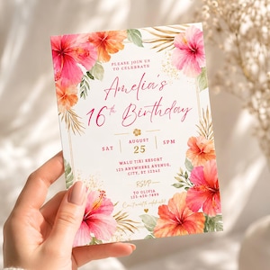 May include: A rectangular birthday invitation card featuring watercolor hibiscus flowers in shades of pink and orange, green leaves, and gold accents. The text reads: Please join us to celebrate Amelia's 16th Birthday, Saturday August 25, 5PM.
