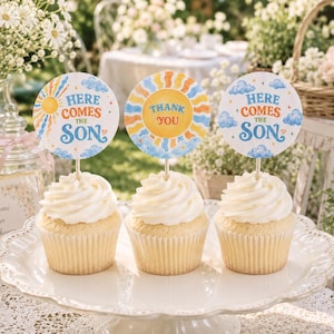 Here Comes the Son Cupcake Toppers Set of 3, Printable Cupcake Picks, Sunshine Party Decor, Instant Download