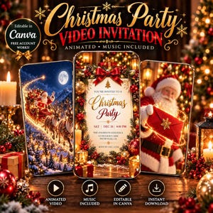 Könnte beinhalten: Eine digitale Einladungsvorlage für eine Weihnachtsfeier, dargestellt auf drei Smartphones. Die Bildschirme zeigen den Weihnachtsmann, Rentiere, einen Schlitten und festlichen Text. Das Design umfasst eine rote Schleife, goldene Akzente und Symbole für animierte Videos, Musik und Canva-Bearbeitung.