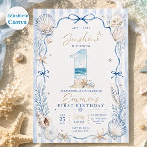 May include: A rectangular birthday invitation card featuring a blue and white striped border with watercolor illustrations of seashells, starfish, and blue ribbons. The text reads: Our Little Sunshine is turning 1, Emma's First Birthday, July 25, 2026.