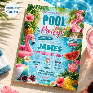 Pool Party Birthday Invitation Template, Editable Tropical Flamingo Canva Invite, Summer Splash Kids Birthday Party