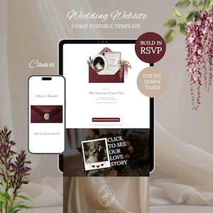 Wedding Website Template Editable in Canva |  RSVP Page Included | Burgundy Champagne wedding invitation (Digital Download)