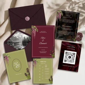 Einladungsvorlage für eine Hochzeit in Burgunder-Champagner | 3-teiliges, druckbares Canva-Design | Bearbeitbare Hochzeitswebsite mit RSVP-Funktion (Digitaler Download)