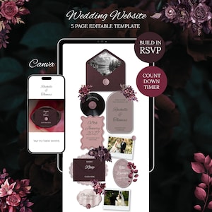 May include: A 5-page editable wedding website template featuring dark burgundy and mauve floral accents. The design includes digital elements like an RSVP form, countdown timer, photo frames, and invitation cards with text reading Rachelle & Thomas.