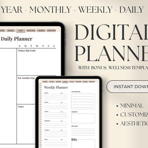 May include: Digital planner with daily and weekly layouts on two tablets. The text reads "DIGITAL PLANNER" and includes "WELLNESS TEMPLATES". Additional text includes "MINIMAL", "CUSTOMIZABLE", and "AESTHETIC".